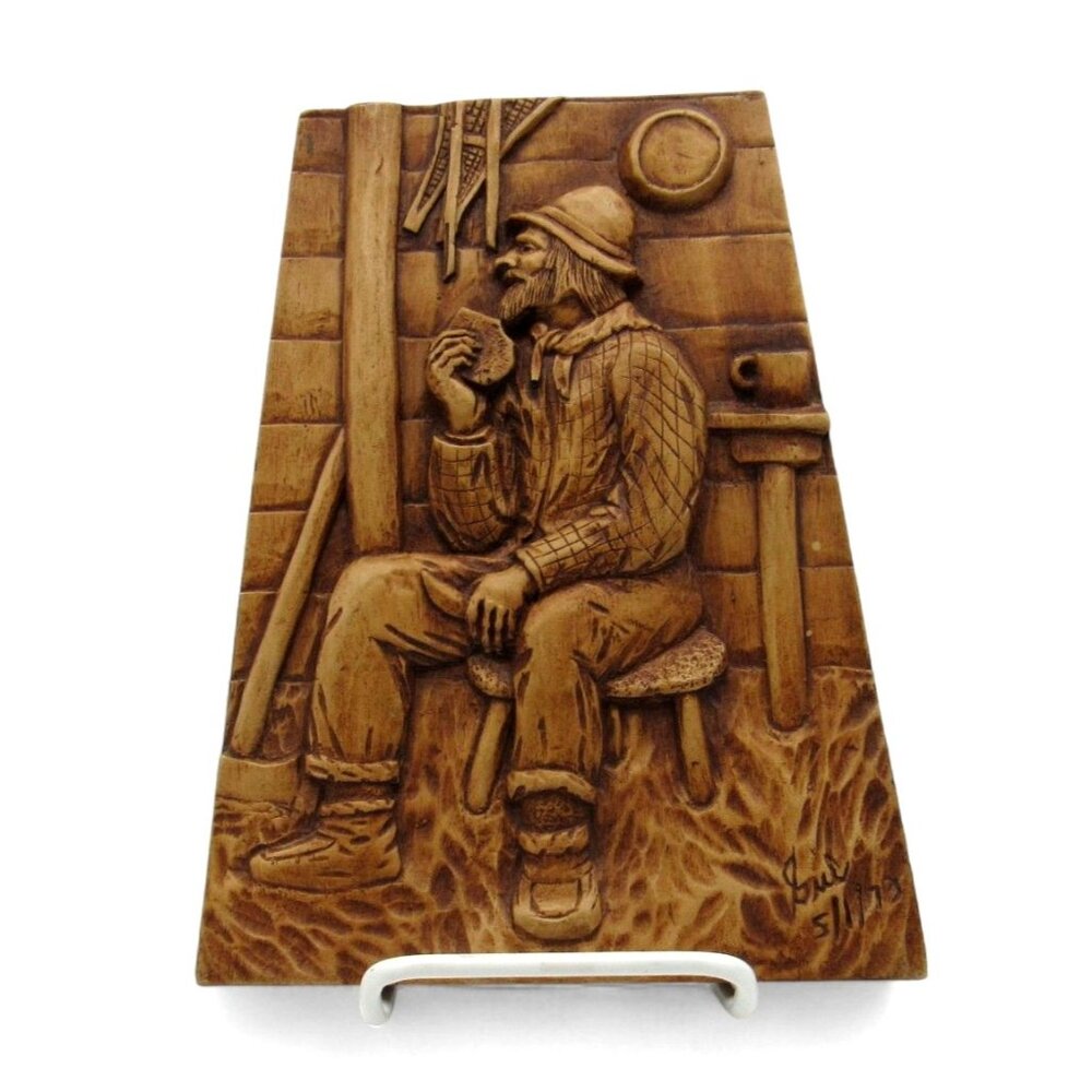 WOODEN Wall PLAQUE of Man in Wood Cabin Eating Signed Vintage 9 Inches Tall